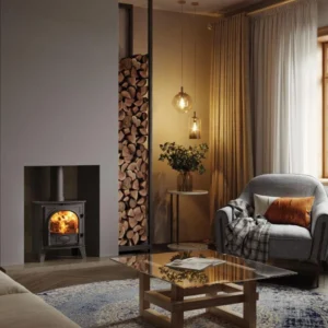 Black wood burning stove installed in a modern living room fireplace