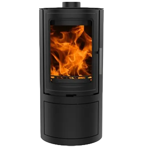 Black cylindrical freestanding wood burning stove with tall glass door and visible flames