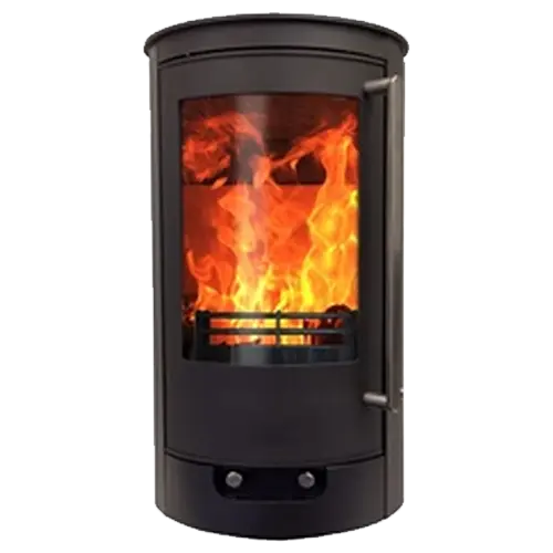 Black cylindrical freestanding wood burning stove with flames visible through the glass door