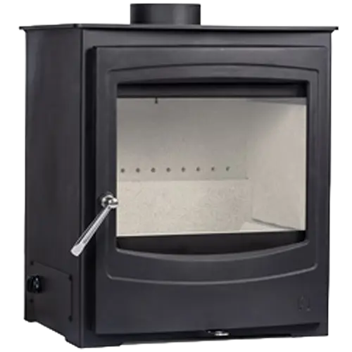 Black freestanding stove with a large glass front and silver side handle