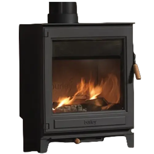Black freestanding wood burning stove with visible flames through the glass door