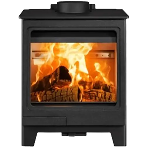 A black freestanding stove with a wide glass viewing window and burning logs inside.