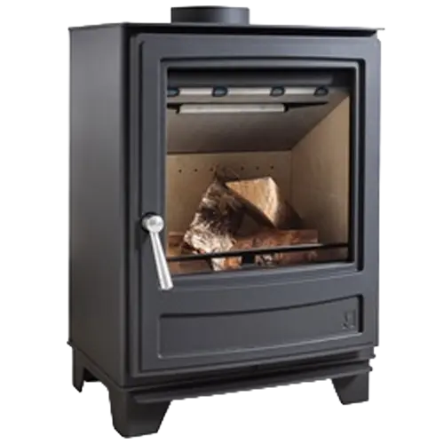 Black freestanding wood burning stove with a glass front and visible logs inside