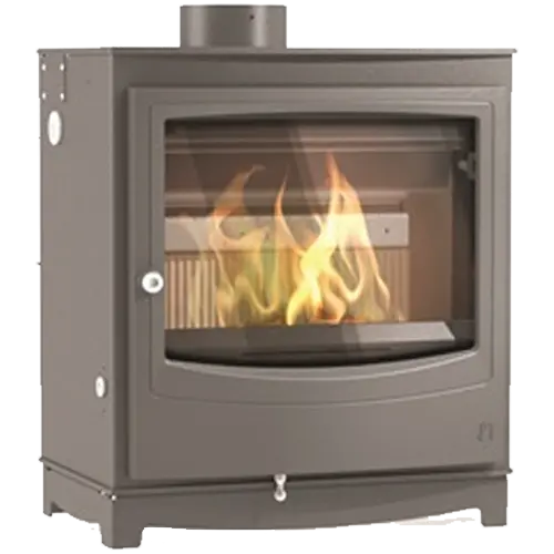 Grey freestanding wood burning stove with curved glass door and visible flames