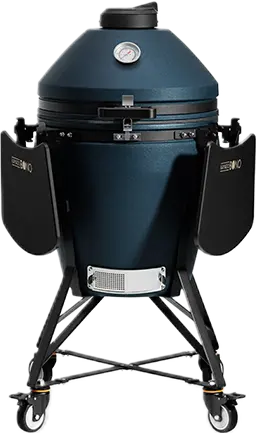 Navy kamado barbecue grill on a wheeled stand