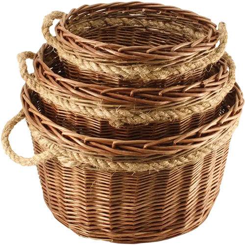 Round wicker log baskets with rope handles for storing firewood