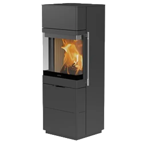 Tall black contemporary wood burning stove with glass door and visible flames