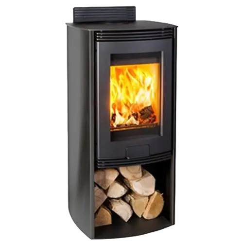Tall black wood burning stove with flames and built in log storage underneath