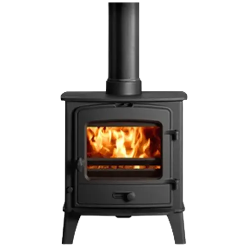 Black freestanding wood burning stove with tall flue pipe, front glass door, visible flames, and raised legs.