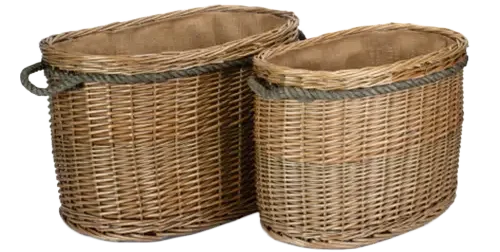 Wicker log baskets for storing firewood beside a stove or fireplace
